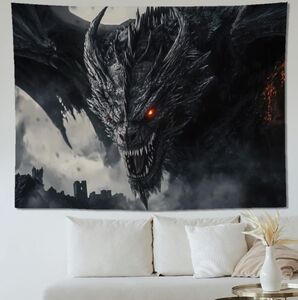 Big Medieval Dragon Wall Tapestry Black Gray Red Fierce Glowing Eyes Gothic Art